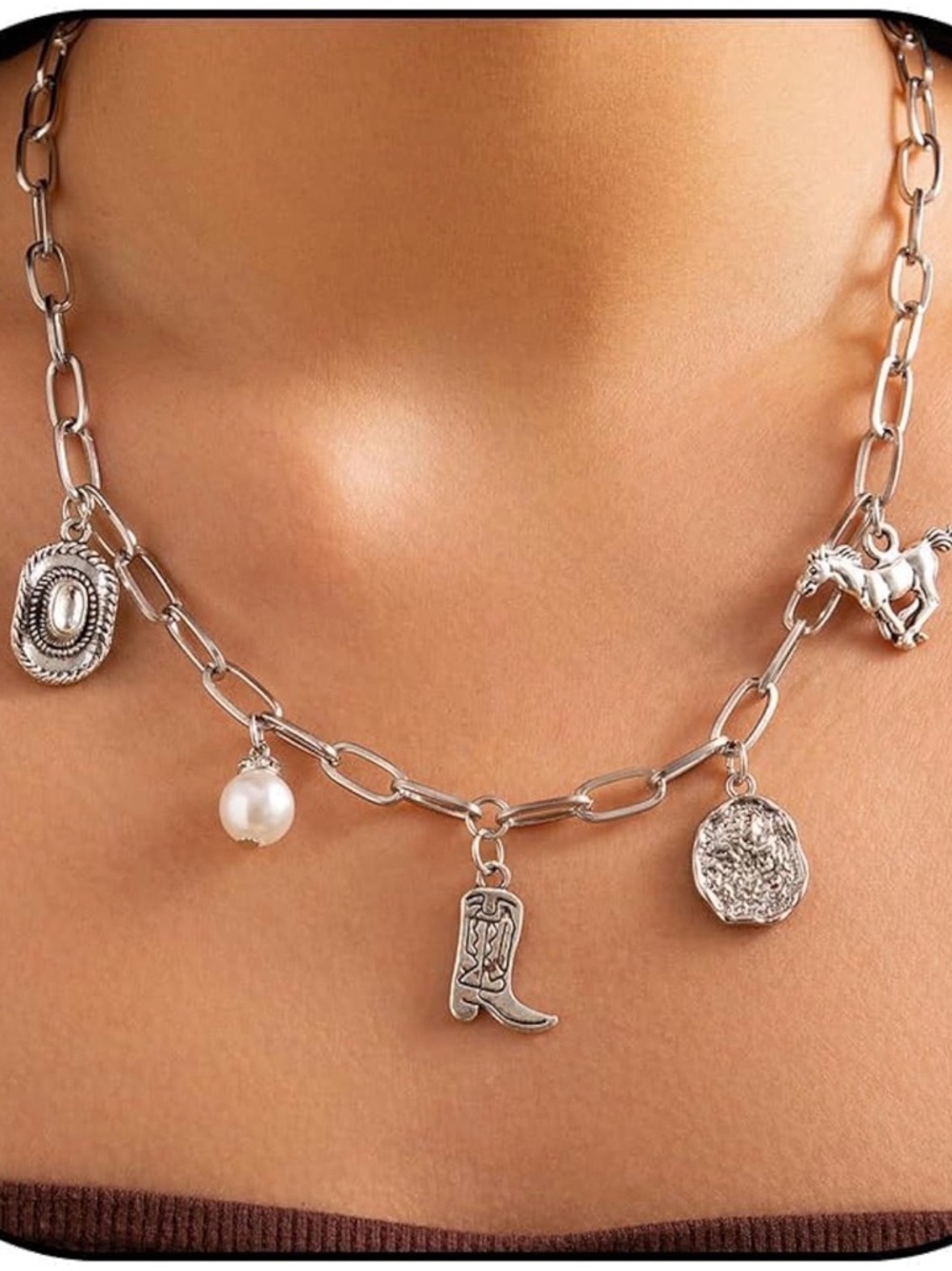 Sterling-Tone Western Charm Link Necklace with‎ Pearl Accent - Silver
